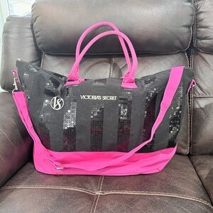 Victoria's Secret Black Sequin Tote with Hot Pink Trim